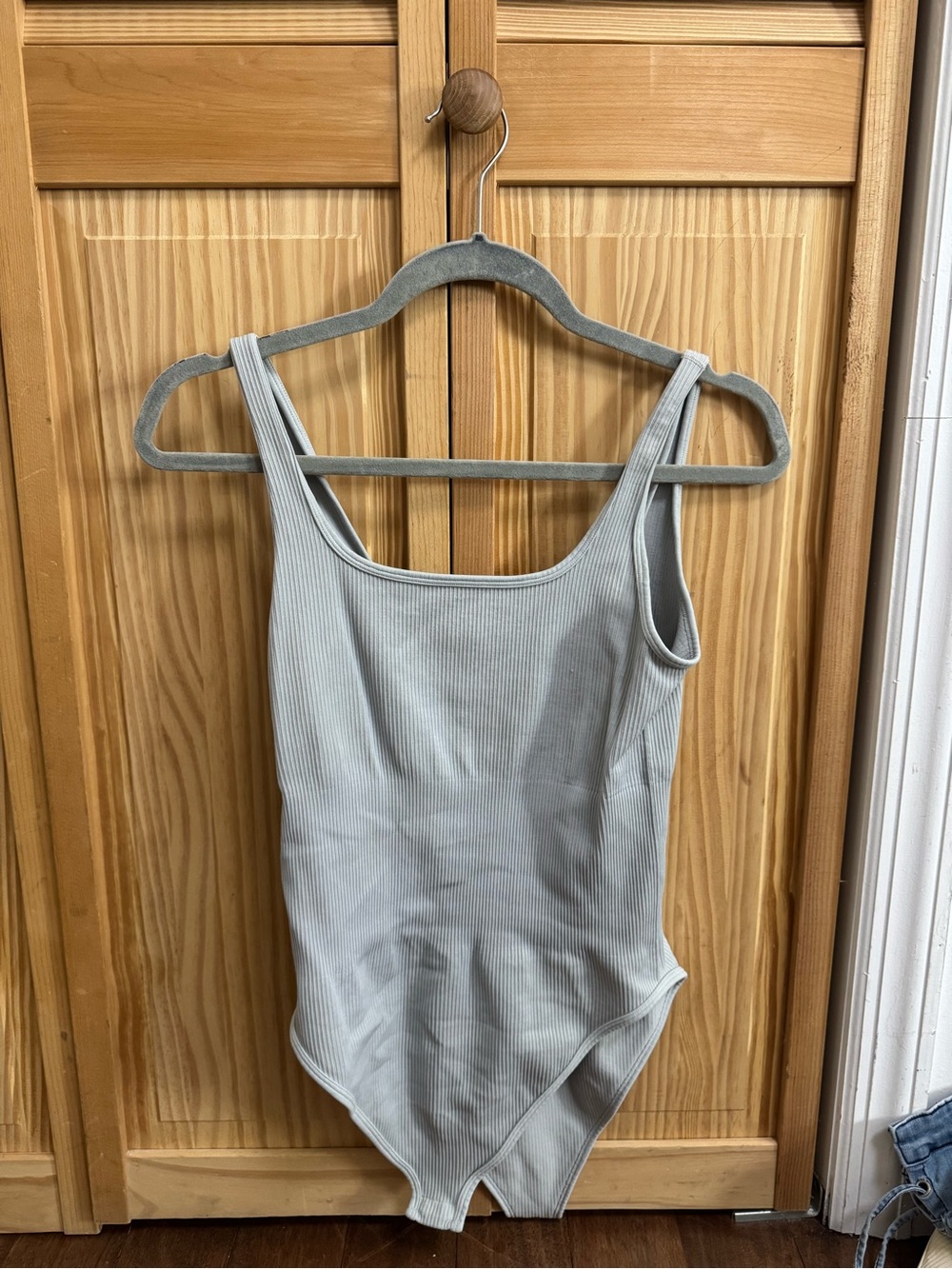Ribbed Light Gray & Cream Scoop Neck Bodysuit